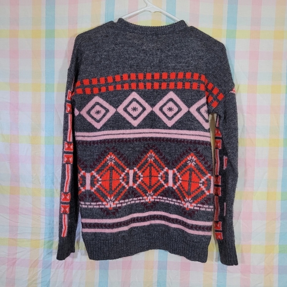J. CREW wool mohair sweater abstract geometric Aztec Grey red and pink - Picture 4 of 8